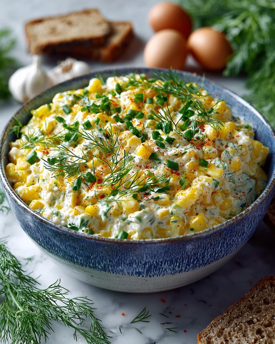 A close-up of a creamy corn salad served in a deep white bowl with a blue textured outer design. The salad has visible layers of yellow corn kernels mixed with a thick white dressing, speckled with green chopped chives and dill. The top of the salad is garnished with fuller dill sprigs and sprinkled lightly with a reddish spice, giving it a fresh and colorful look. Around the bowl, there is a slice of rustic brown bread with bits of crumb, some fresh dill sprigs, two eggs, garlic, and chives on a white marbled surface. The photo taken with an iphone --ar 4:5 --v 7