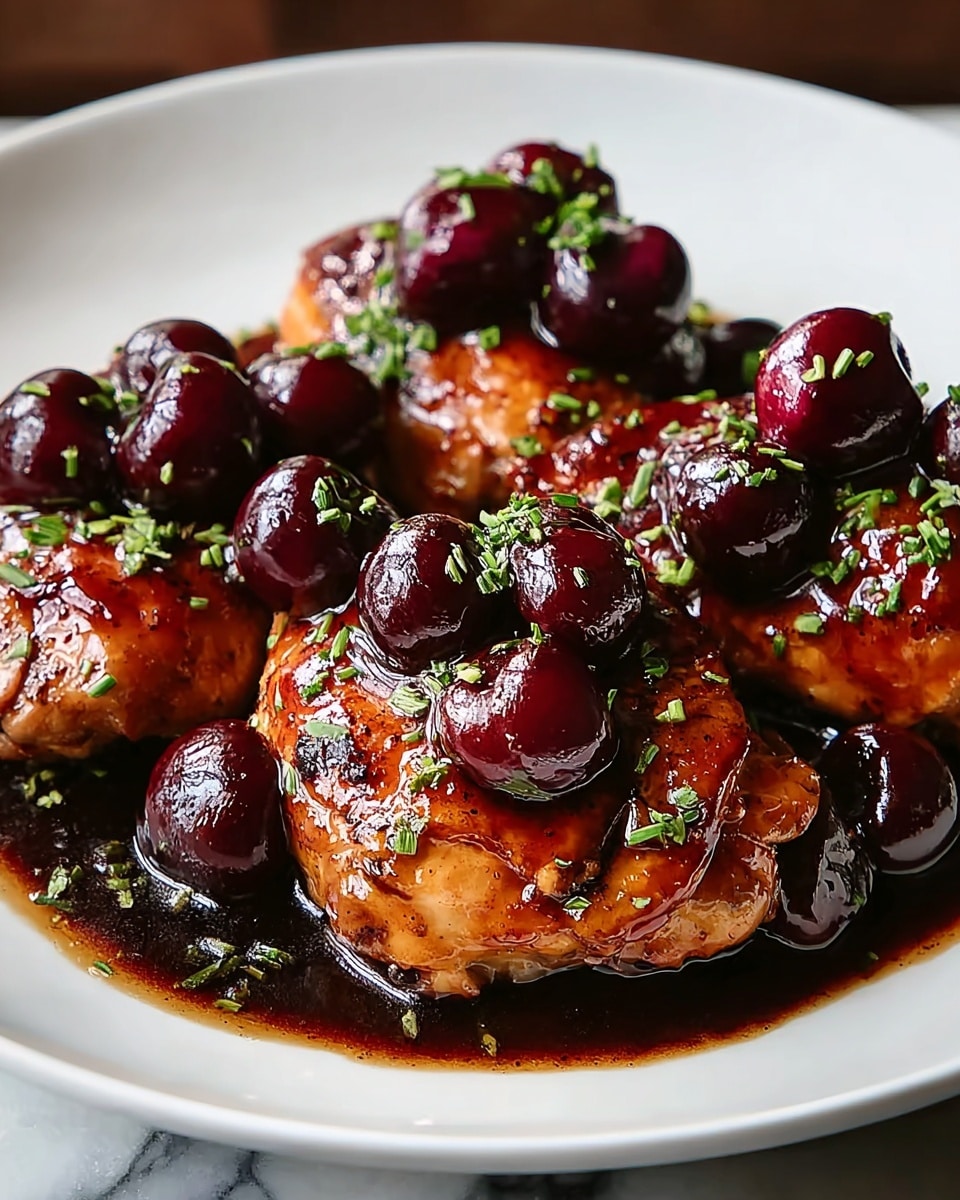 The image shows three pieces of shiny, glazed chicken on a white plate, each piece topped with whole dark red cherries that look juicy and glossy. The chicken has a golden-brown color with a slightly caramelized texture and is covered with a thick, dark sauce pool around the base. Small chopped green herbs are sprinkled on top, adding a fresh contrast to the rich colors. The plate is set against a white marbled surface, highlighting the warm tones of the dish. photo taken with an iphone --ar 4:5 --v 7