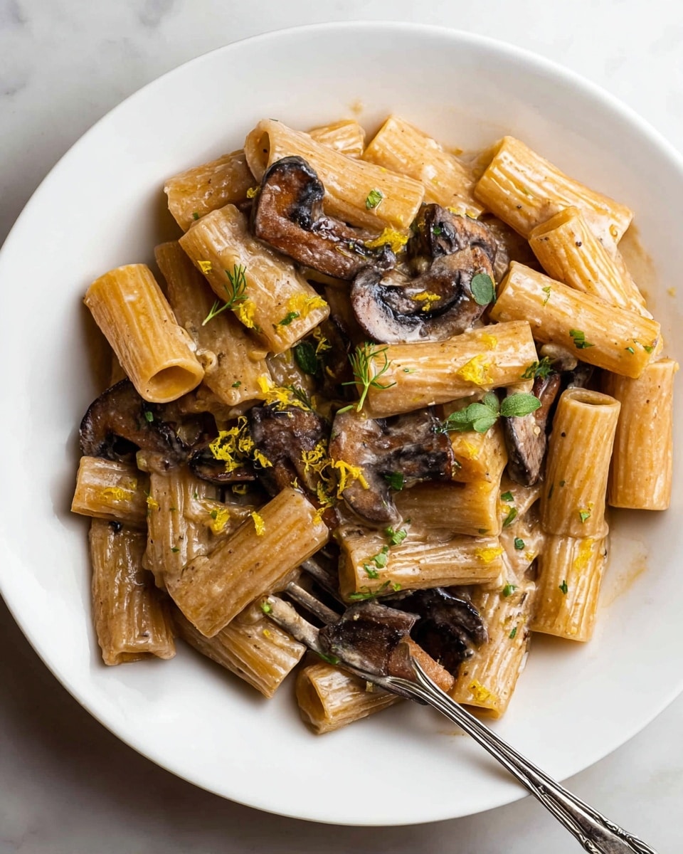 A white plate holds a serving of rigatoni pasta coated in a light brown mushroom cream sauce, mixed with dark brown, sautéed mushroom slices scattered evenly throughout. Small green herb leaves and tiny yellow zest pieces are sprinkled on top, adding fresh pops of color. A silver fork rests on the plate’s edge, touching a few rigatoni pieces. The background is a white marbled texture. photo taken with an iphone --ar 4:5 --v 7