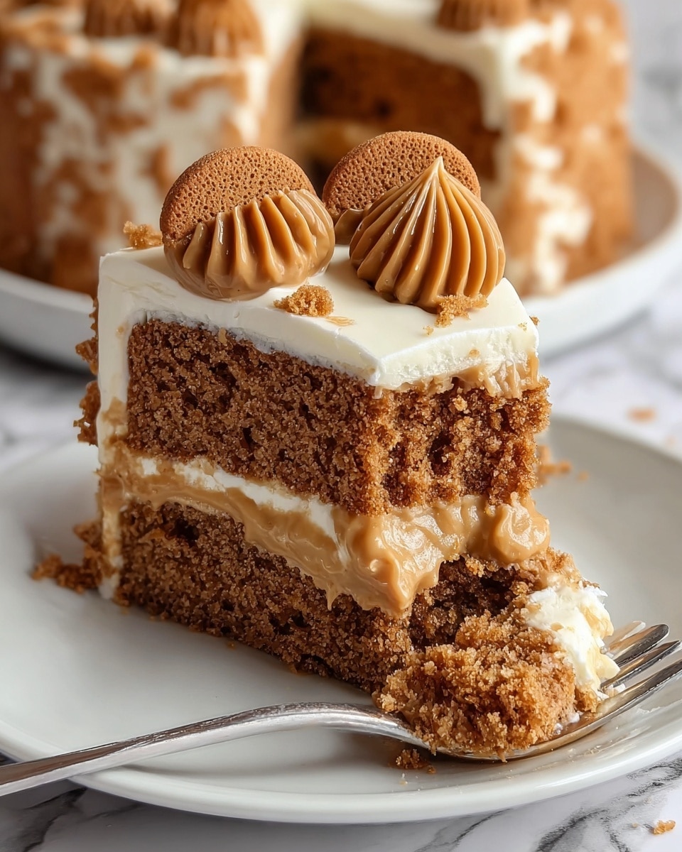 A close-up of a slice of moist brown cake with two thick layers separated by a creamy caramel-colored filling, topped with a smooth white frosting layer. On top of the slice, there are three dollops of caramel-colored cream, each decorated with a small round cookie. The slice sits on a white plate with a silver fork placed beside it, all set on a white marbled surface. Photo taken with an iphone --ar 4:5 --v 7