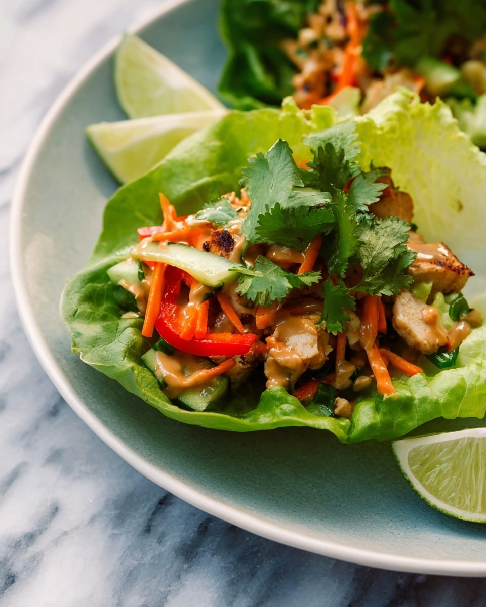 The dish shows a fresh lettuce cup filled with layers starting with grilled chicken pieces that have a light brown char. On top of the chicken are thin strips of orange carrot, green cucumber, and red bell pepper, all mixed together. The whole filling is covered with a light brown creamy sauce, and fresh cilantro leaves are placed on the top, adding a bright green color. This lettuce cup sits on a round white plate with two wedges of lime nearby. The background is a white marbled surface. photo taken with an iphone --ar 4:5 --v 7