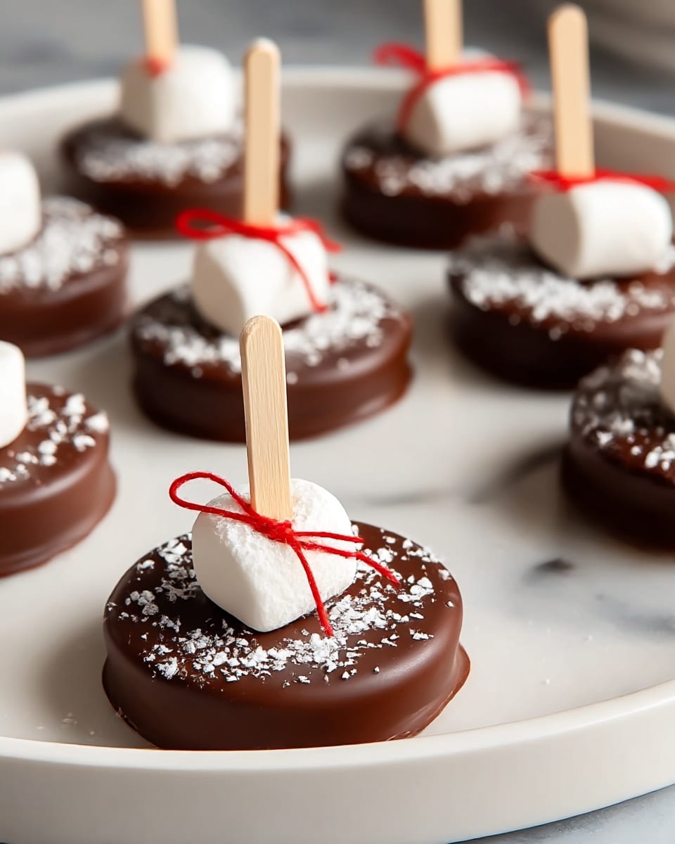 The image shows round chocolate disks with smooth, glossy, dark brown chocolate coating on top, each placed on a white tray. Each disk has two small white marshmallows on the top center, slightly fluffy in texture, held in place by a red string knot around a light wooden stick that is inserted vertically in the middle of each disk. There is a light dusting of powdered sugar sprinkled over the top surface of the chocolate disks, creating a snowy effect. The white tray has a wide rim and the background is a white marbled texture. Photo taken with an iphone --ar 4:5 --v 7