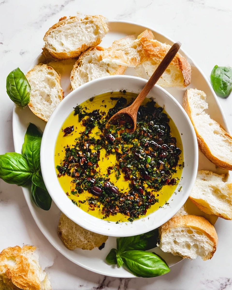The image shows a white shallow bowl filled with a mix of golden yellow olive oil and dark green chopped herbs, with scattered small pieces of black olives, creating a textured, glossy surface with green and black tones. The bowl is placed on a large white plate, which holds torn pieces of light brown crusty bread with a fluffy white interior arranged loosely around the bowl's edge. A small wooden spoon with a round head rests inside the bowl, angled outward. Fresh bright green basil leaves add pops of color around the plate on a white marbled surface. Photo taken with an iphone --ar 4:5 --v 7