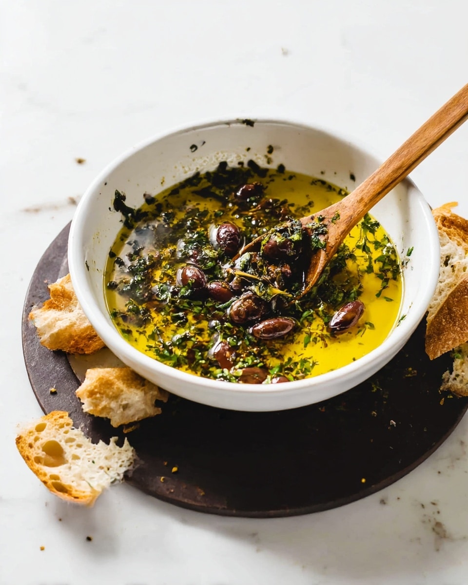 A white bowl on a dark round mat holds a mix of dark brown olive pieces and green herbs floating in golden olive oil, with the liquid layered evenly across the bottom. A wooden spoon lies inside the bowl, partly submerged in the mixture, holding some herbs and olives. Around the bowl's edge are torn pieces of brown crusty bread resting partly inside the oil. The scene is set on a white marbled surface. photo taken with an iphone --ar 4:5 --v 7
