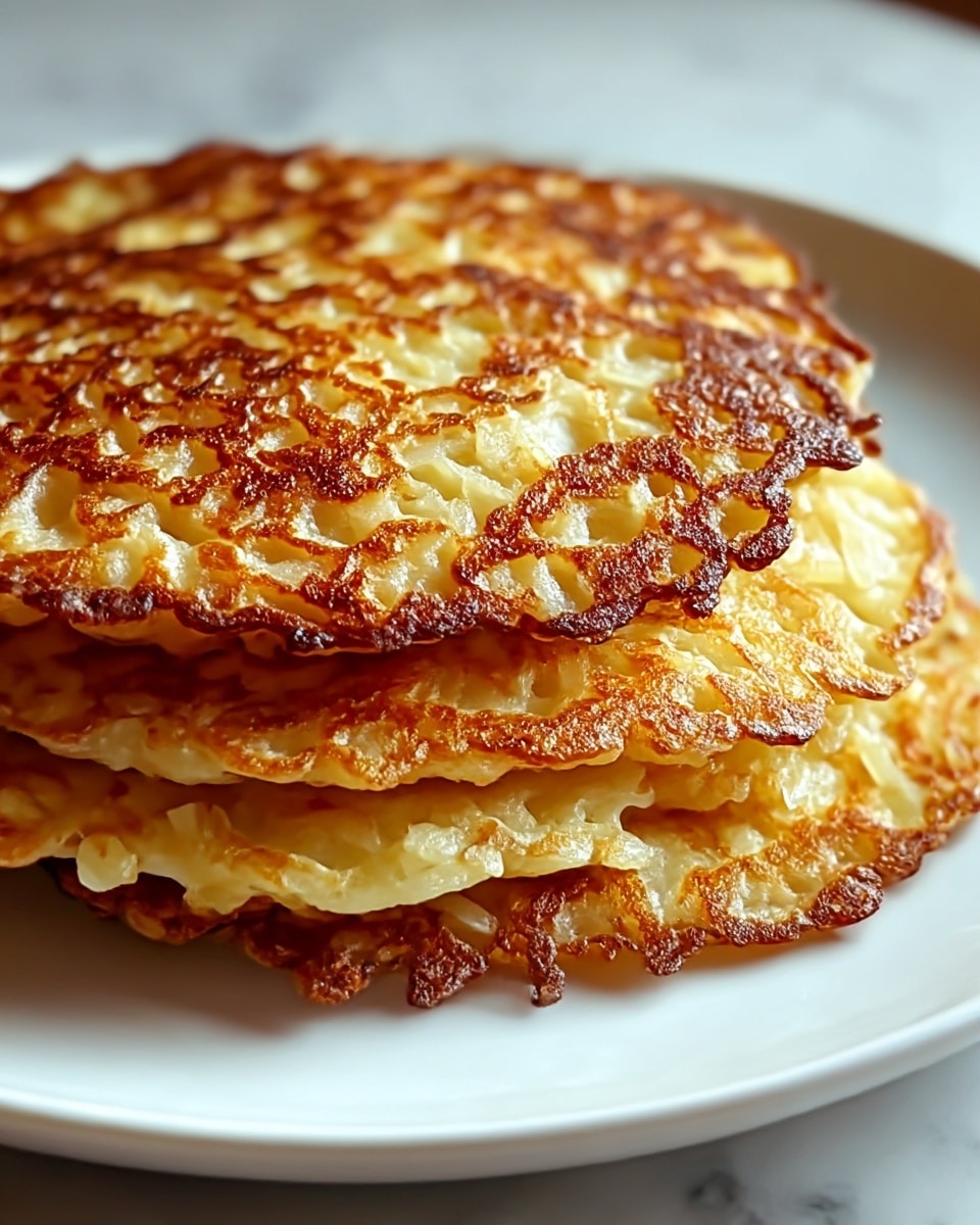 A close-up of a stack of three golden brown potato pancakes on a white plate. Each pancake shows a crispy texture with small bits of grated potato visible. The top pancake has a rich, uneven browning with darker caramelized edges, while the ones below show slightly lighter and softer textures. The plate is set on a white marbled surface that softly contrasts with the warm tones of the pancakes. Photo taken with an iphone --ar 4:5 --v 7