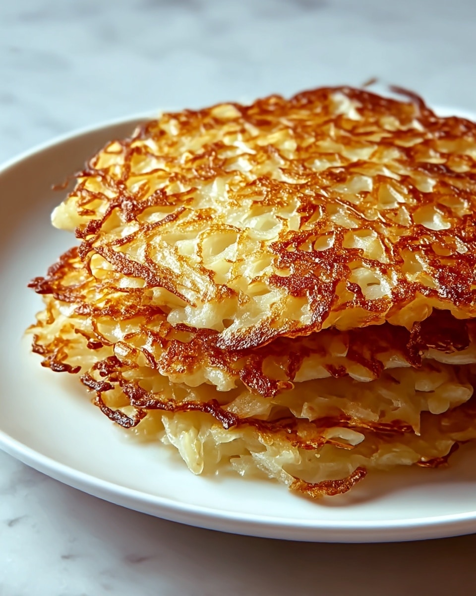 A stack of three golden-brown potato pancakes sits on a white plate, each layer showing a crispy, lacy texture with uneven, crunchy edges. The top pancake has a mix of light golden and darker browned spots, giving it a textured, caramelized look. The middle and bottom pancakes peek out slightly from underneath, showing a similar crispy surface and soft inside. The plate rests on a white marbled texture surface, creating a clean and simple background. photo taken with an iphone --ar 4:5 --v 7