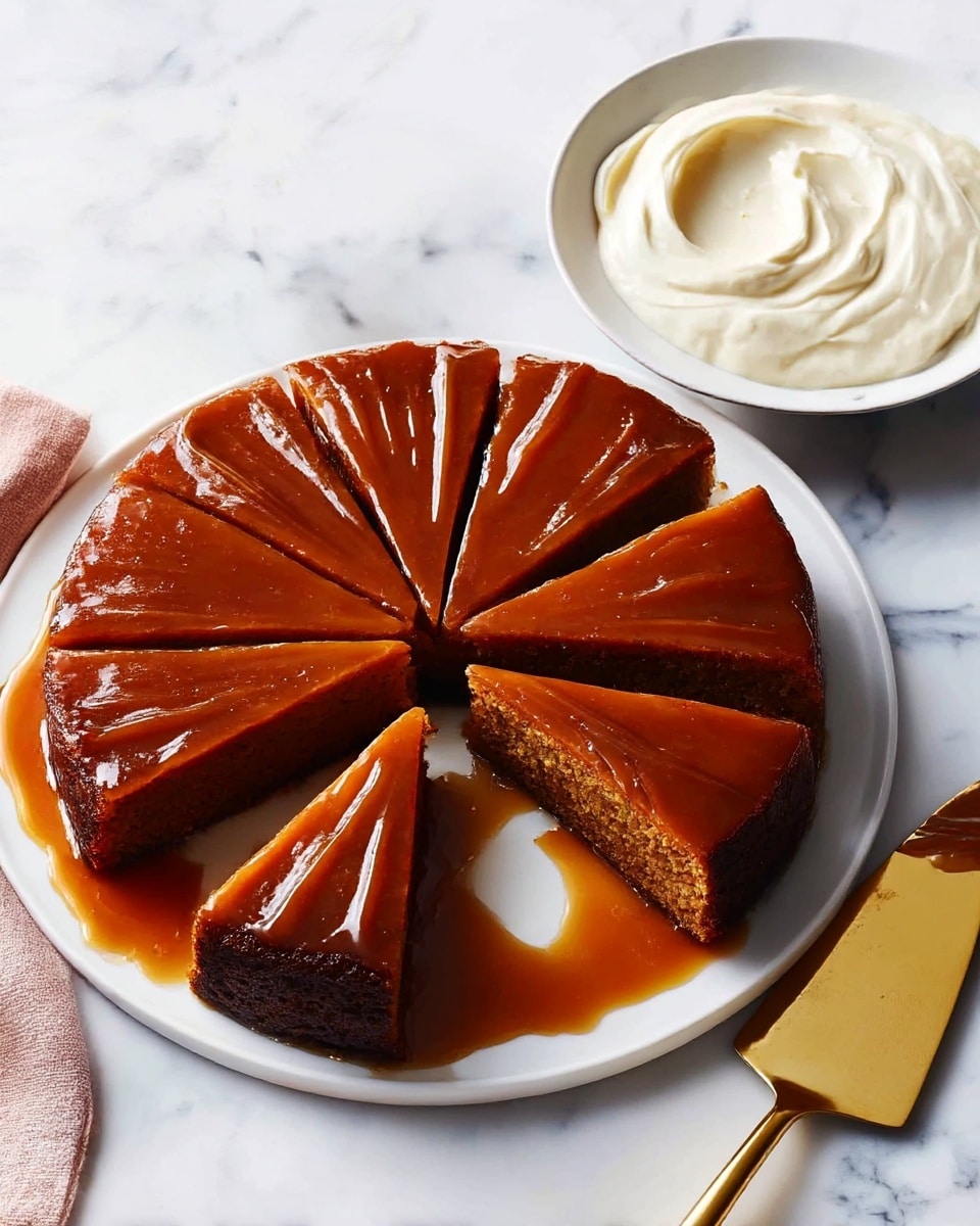 A round dessert with one dark brown caramelized top layer that shines with sticky caramel sauce dripping down the sides, showing a smooth and glossy texture. The dessert is sliced into eight pieces, with two slices slightly pulled out to reveal a dense, moist inside layer that is lighter brown and smooth. It sits on a white plate that shows some caramel sauce pooling around the dessert’s base. Next to the plate, there is a small bowl containing white cream, all set on a white marbled surface with some rectangular and uneven dark spots visible in the background. Photo taken with an iphone --ar 4:5 --v 7
