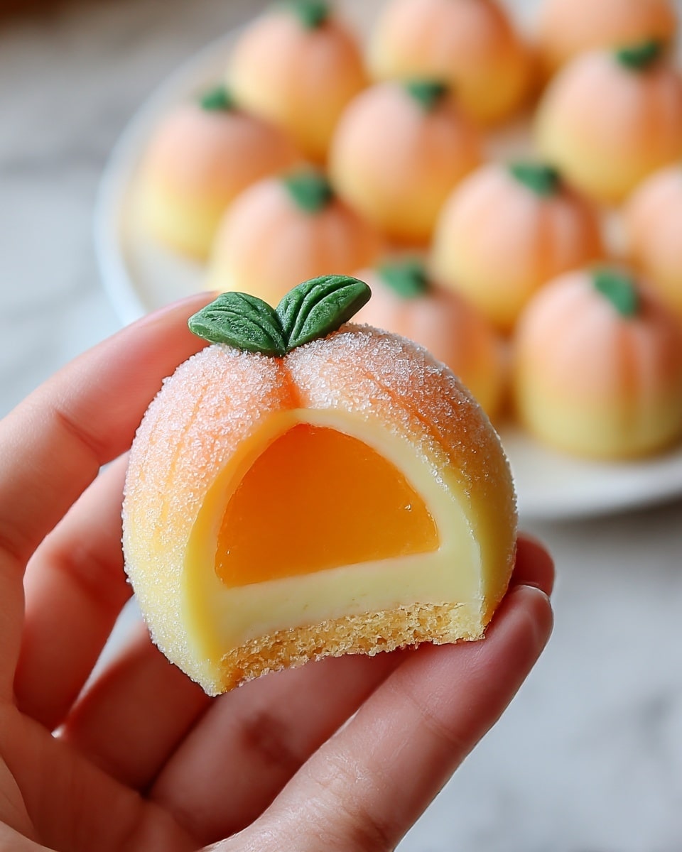 A small round dessert shaped like a peach is held between the fingers of a woman's hand. The dessert has a sugar-coated, soft-textured outer layer that is pale yellow at the bottom and fades to a light orange at the top, with fine lines giving it a peach look. On top, a small green leaf decoration is placed. The dessert is cut in half, showing its inside with three layers: a smooth bright orange jelly-like middle layer, a pale creamy yellow base layer, and a thin golden brown bottom crust. In the background, there is a white plate full of similar whole peach-shaped desserts on a white marbled surface. Photo taken with an iphone --ar 4:5 --v 7