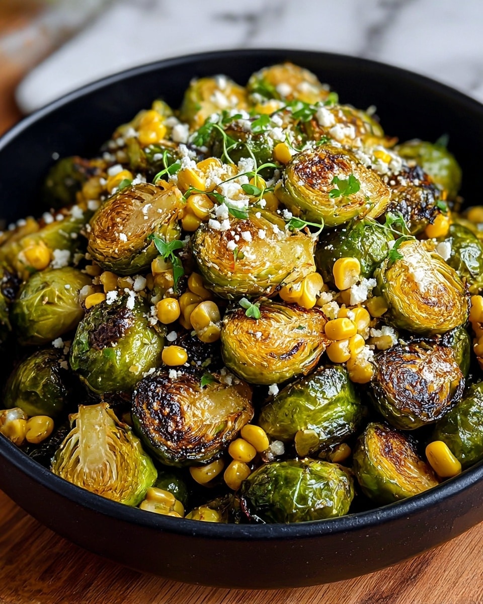 This image shows a black bowl filled with roasted Brussels sprouts and corn. The Brussels sprouts are cooked to a golden brown on the cut sides with some showing a deep green color on the outer leaves. The corn kernels are bright yellow and scattered evenly throughout the dish. There is a sprinkling of white crumbled cheese and small green herbs over the top, adding texture and color contrast. The bowl is placed on a wooden surface with a blurred white marbled background. photo taken with an iphone --ar 4:5 --v 7