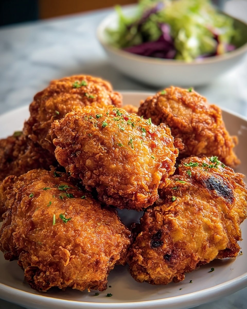 A white plate holds six pieces of golden-brown fried chicken with a crispy, textured crust that shines under soft light. The crust is uneven with crunchy bits and small dark spots showing fried edges. A few small green herb sprinkles are scattered across the chicken pieces, adding a touch of color. In the background, there is a blurred bowl containing some green and purple salad leaves, all set on a white marbled surface. photo taken with an iphone --ar 4:5 --v 7