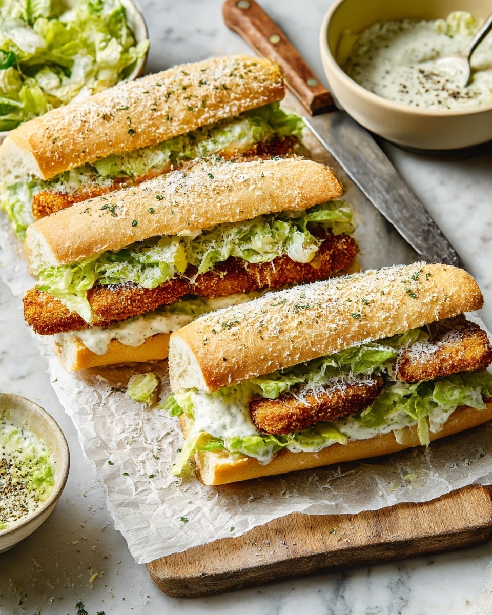 Three sandwiches are placed closely on a wooden board lined with parchment paper, each sandwich having three main layers: a top layer of lightly toasted soft bread, a middle layer of crispy, golden-brown breaded chicken filet, and a bottom layer of green romaine lettuce mixed with creamy white dressing. The bread is sprinkled with finely chopped herbs and each sandwich is topped with a light dusting of grated cheese. Around the sandwiches, there is a white marbled surface, a beige bowl filled with salad, and another bowl likely holding a creamy sauce with black pepper visible on top. A large knife with a wooden handle rests on the board behind the sandwiches. photo taken with an iphone --ar 4:5 --v 7