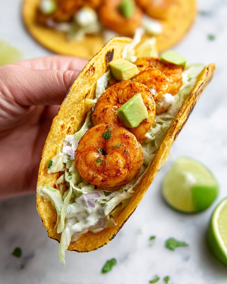 A close-up view shows a shrimp taco held by a woman's hand against a white marbled surface, with another taco blurred in the background. The taco has three golden-brown grilled shrimp with a slightly shiny texture and light green chopped avocado pieces on top. Beneath the shrimp, a creamy white sauce with small bits of green herbs and pale purple onion pieces is spread over shredded pale green cabbage. The taco itself is a soft, slightly charred yellow corn tortilla folded to hold the fillings. Scattered lime wedges and small chopped green herbs add color to the scene. photo taken with an iphone --ar 4:5 --v 7
