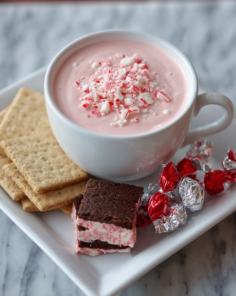 A white cup filled with a smooth, light pink mousse topped with small pieces of crushed white and red peppermint candy sits on a white square plate. On one side of the cup are several rectangular, beige graham crackers with a rough texture. On the other side are small square pieces of dark chocolate brownies with a white and red peppermint layer at the bottom, along with some wrapped peppermint candies in silver and red foil. The whole scene is placed on a white marbled surface. photo taken with an iphone --ar 4:5 --v 7