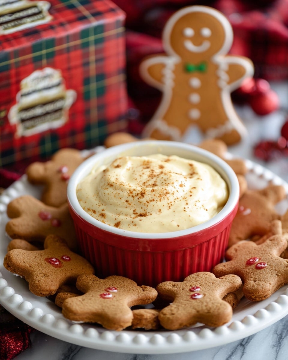 A white plate with small raised dots around the edges holds a red ramekin filled with smooth, creamy light yellow dip sprinkled lightly with brown spice on top. Around the ramekin is a ring of light brown gingerbread man cookies with clear smiling faces and small details, sitting close together. In the background, there is a blurred red and green plaid box featuring a gingerbread man design standing upright. The scene is set on a white marbled texture surface. photo taken with an iphone --ar 4:5 --v 7