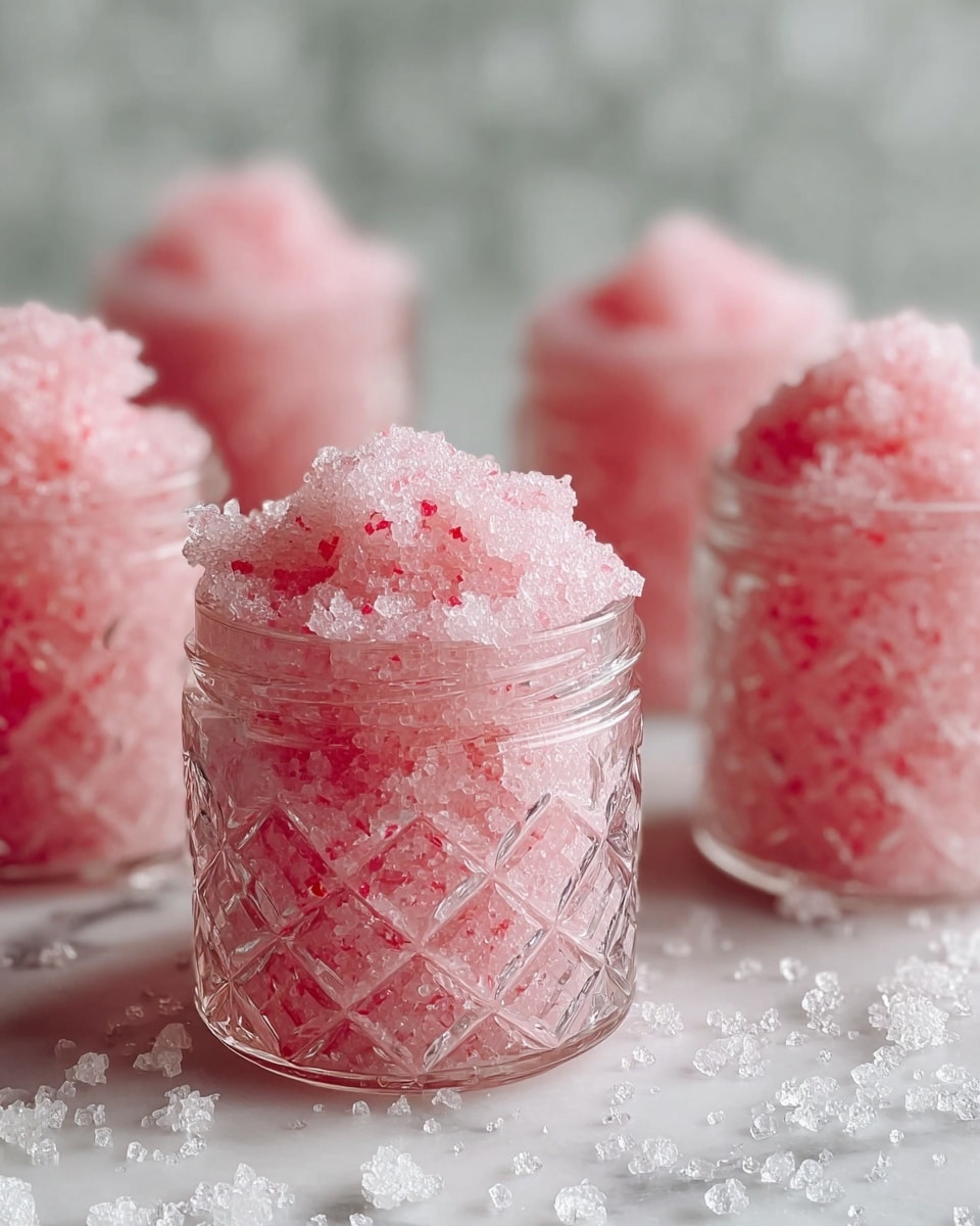 The image shows five small clear glass jars with a diamond pattern, each filled with sparkly pink sugar scrub that has tiny red specks mixed in. The scrub is heaped just above the rim of each jar, showcasing its coarse, grainy texture. The jars are arranged on a white marbled surface, which is sprinkled with some sugar crystals around them, adding extra texture and brightness. The background is softly blurred with light gray and white tones, keeping the focus on the jars and their shimmering contents. photo taken with an iphone --ar 4:5 --v 7