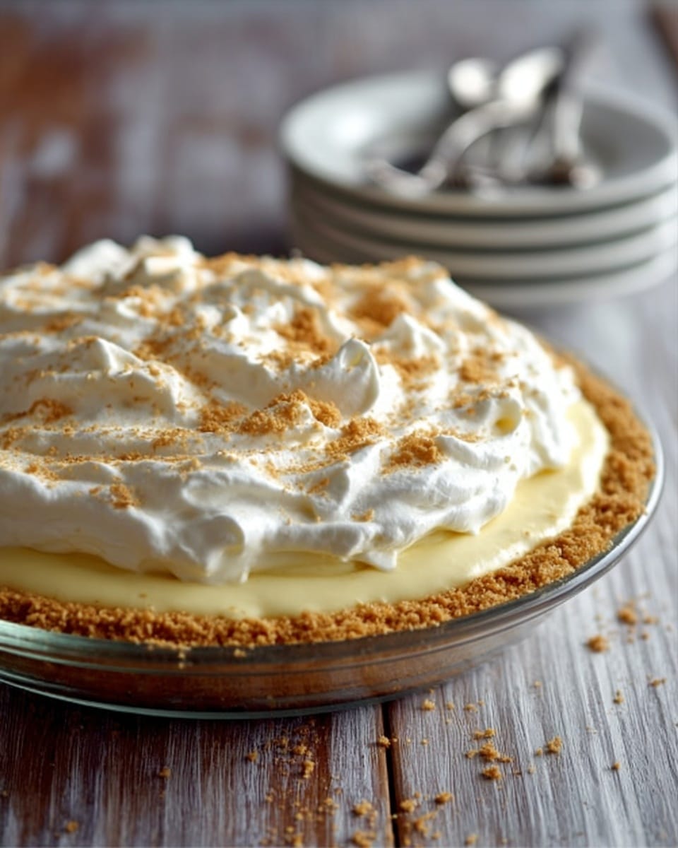 The image shows a close-up of a clear glass pie dish with a creamy pie that has one slice removed. The pie has three visible layers: a bottom crumbly golden brown crust, a thick middle layer of smooth pale yellow cream, and a top layer of fluffy white whipped cream spread with soft, uneven peaks. Crumbled bits of golden crust are scattered on top of the whipped cream. The dish sits on a white marbled surface, creating a clean and bright background. photo taken with an iphone --ar 4:5 --v 7