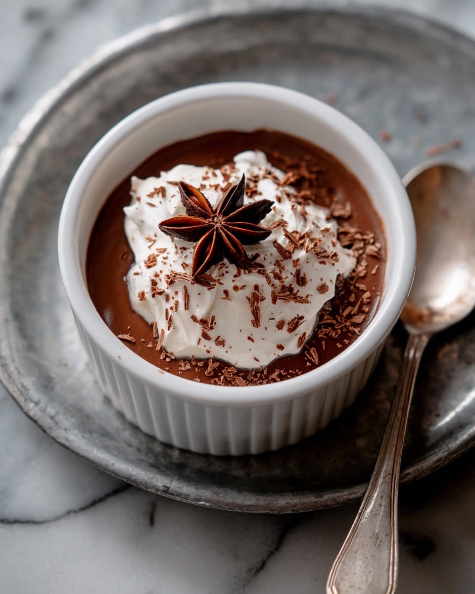 A white round ramekin filled with two layers: the bottom layer is smooth, dark brown chocolate pudding, topped with a thick dollop of white whipped cream. The whipped cream has light brown chocolate shavings scattered across its surface and a single brown star anise placed on top for decoration. The ramekin sits on a round metal tray with a worn, slightly textured silver-gray finish on a white marbled surface. A spoon with a tarnished silver handle rests beside the ramekin on the tray. photo taken with an iphone --ar 4:5 --v 7