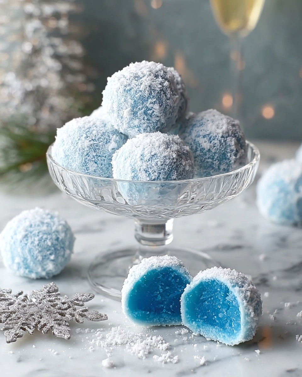 The image shows a white bowl filled with round blue treats covered in a fine white powder, stacked in a pyramid shape. Around the bowl, there are five more blue balls, two of them broken open revealing a soft, crumbly blue inside. The balls have a rough texture from the powder covering, and the blue inside looks moist and dense. The bowl is placed on a white marbled surface scattered with some white powder. In the background, warm yellow lights create a cozy glow, and a glass with a light blue drink can be seen on the left side. Small silver star decorations are also placed near the balls. Photo taken with an iphone --ar 4:5 --v 7