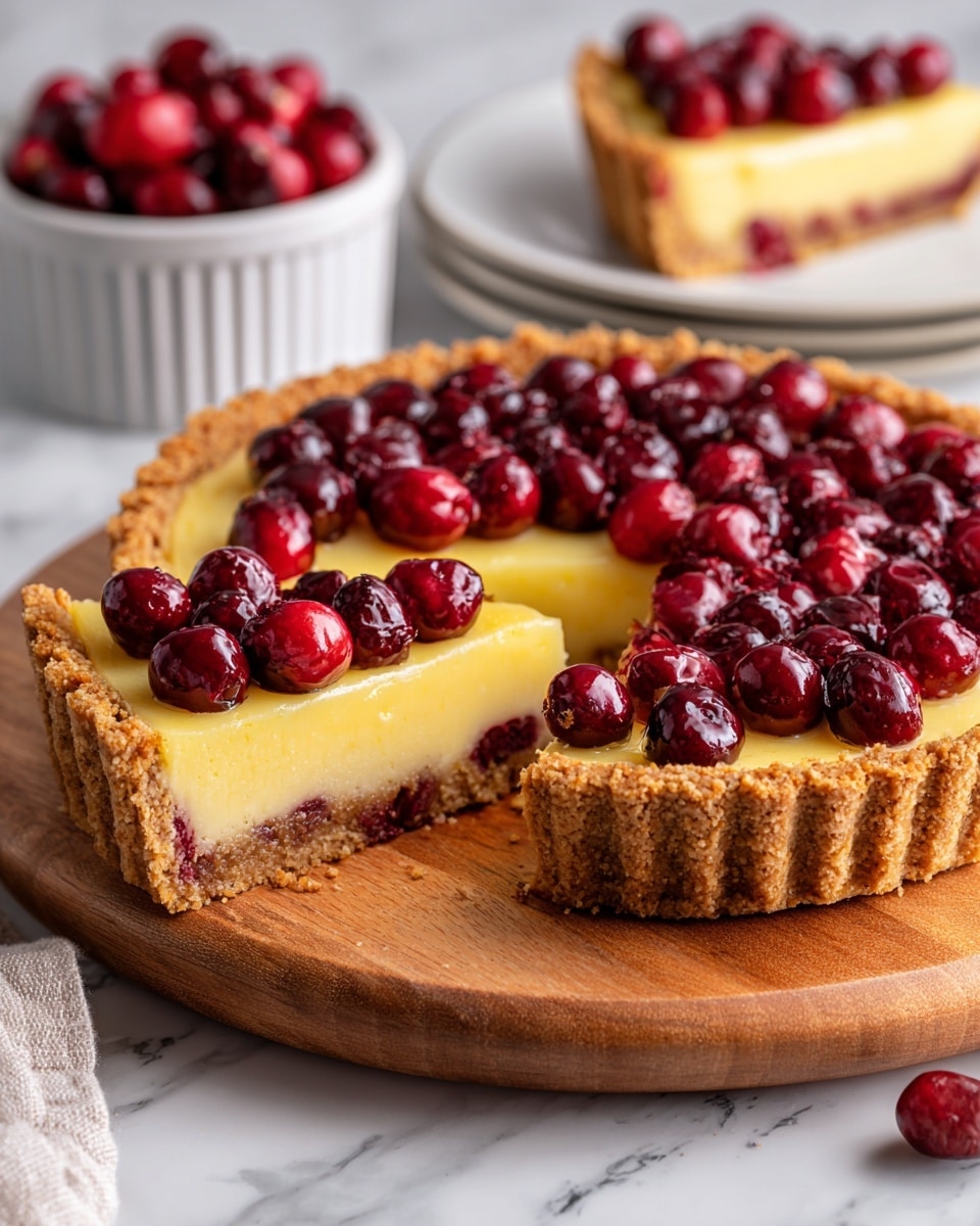 A tart with three visible layers is shown on a wooden board over a white marbled surface. The bottom layer is a crumbly crust with a golden-brown color, thick and rough in texture. The middle layer is a smooth, pale yellow custard filling that looks creamy and firm. The top layer features whole cranberries with a shiny dark red color scattered evenly throughout the custard. A slice is cut and pulled slightly away, revealing the clean edges between layers. In the background, a white ramekin filled with more cranberries and a white plate with another slice of the tart are slightly out of focus. photo taken with an iphone --ar 4:5 --v 7