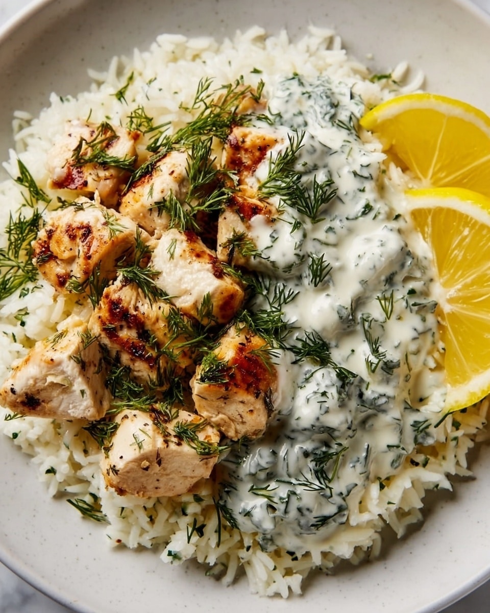 The dish shows three main layers on a white plate with a white marbled texture below. The bottom layer is fluffy white rice mixed with small green herb bits. On top, there are chunky pieces of grilled, lightly browned chicken with small grill marks and sprinkled with fresh green dill. The top right side has a creamy white sauce with green herb bits, covering part of the chicken and rice. On the far right edge of the plate, two bright yellow lemon wedges are placed next to the sauce, adding a fresh contrast. photo taken with an iphone --ar 4:5 --v 7