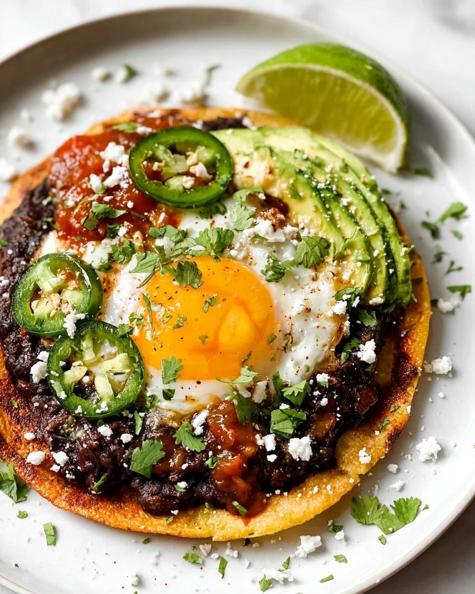 This dish shows a white plate with a single crispy golden brown tortilla as the base layer. On top of the tortilla is a thick layer of black refried beans with a slightly chunky texture. Over the beans sits a sunny side up egg, with bright yellow yolk and white edges that are slightly crisp. Around the egg, there are slices of green jalapeño peppers, red salsa with visible tomato bits, and creamy green avocado slices arranged beside the egg. Garnishing the whole dish are sprinkles of fresh chopped green cilantro and white crumbly cheese. A wedge of lime is placed at the top edge of the plate, all set on a white marbled surface. photo taken with an iphone --ar 4:5 --v 7