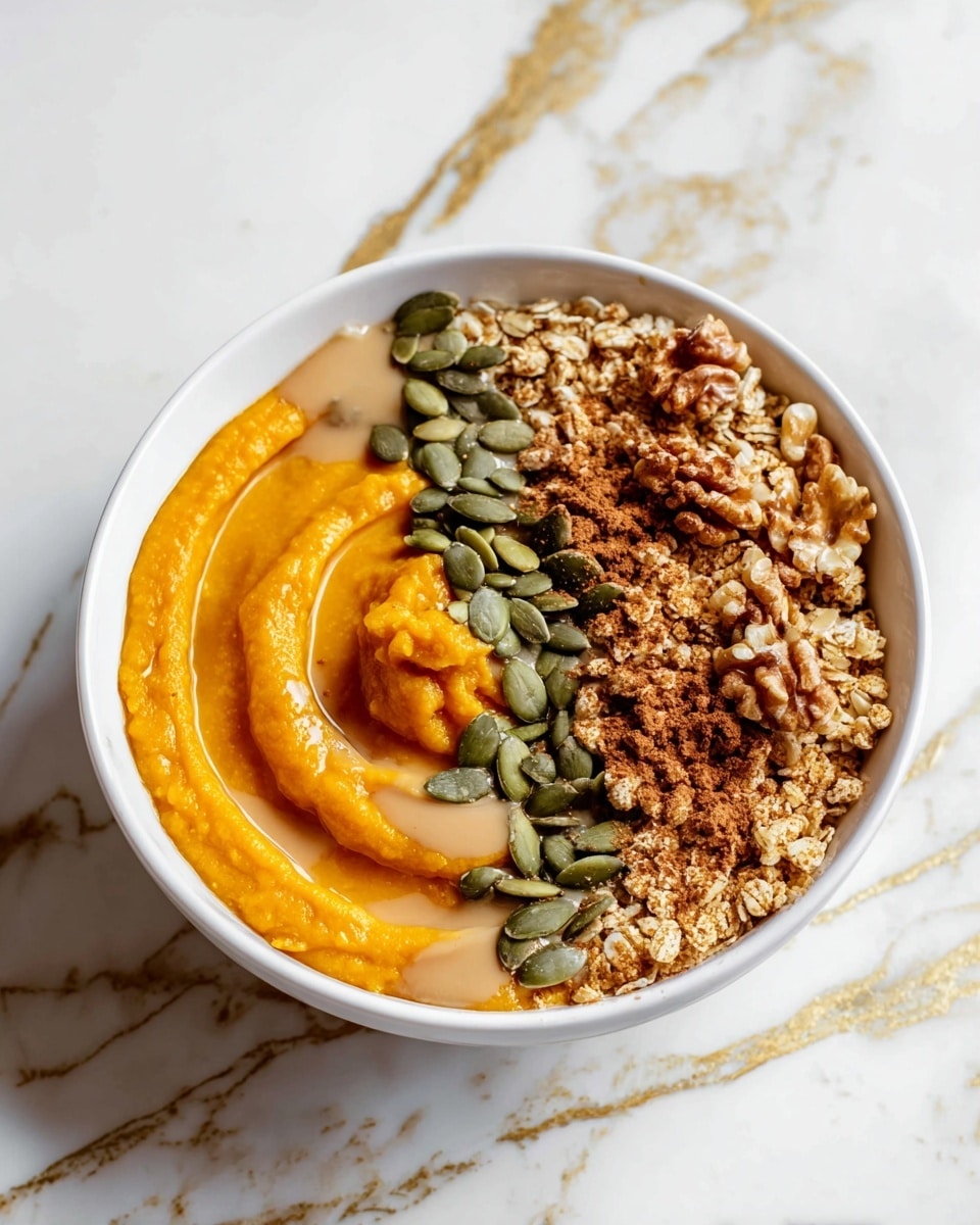 A white bowl filled with a thick, bright orange puree forms the base layer, with a smooth, slightly textured surface and a small curved scoop taken out on one side. On one half, there is a layer of toasted oats mixed with nuts, including almonds, providing a rough, chunky texture. Overlapping part of the oats is a smooth line of light brown creamy nut butter, decorated with several green pumpkin seeds placed evenly on top. A small dusting of brown cinnamon powder lies between the nut butter and the puree, adding a fine, powdery texture. The bowl sits on a white marbled surface with gold streaks running through it. photo taken with an iphone --ar 4:5 --v 7
