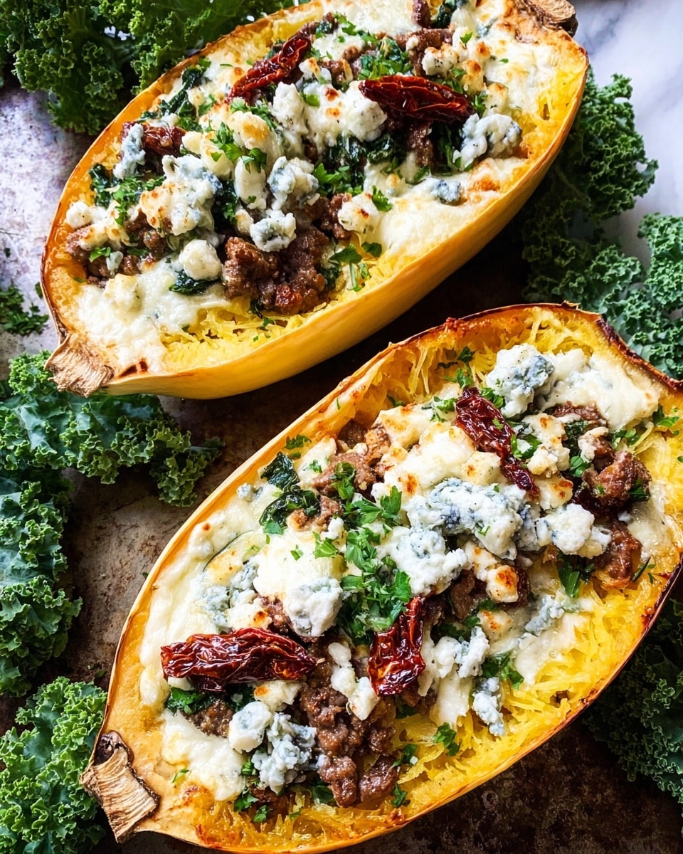 The dish shows two halves of roasted spaghetti squash placed on a rustic surface, each filled with layers starting with a yellow-orange roasted squash base, topped by a creamy white and light cheesy layer mixed with finely chopped greens and brown meat chunks. Scattered on top are pieces of crumbled cheese with blue veins, sun-dried tomato slices of deep red color, and fresh green parsley leaves adding a bright contrast. Around the squash halves, there are fresh green kale leaves laying on a white marbled texture. Photo taken with an iphone --ar 4:5 --v 7