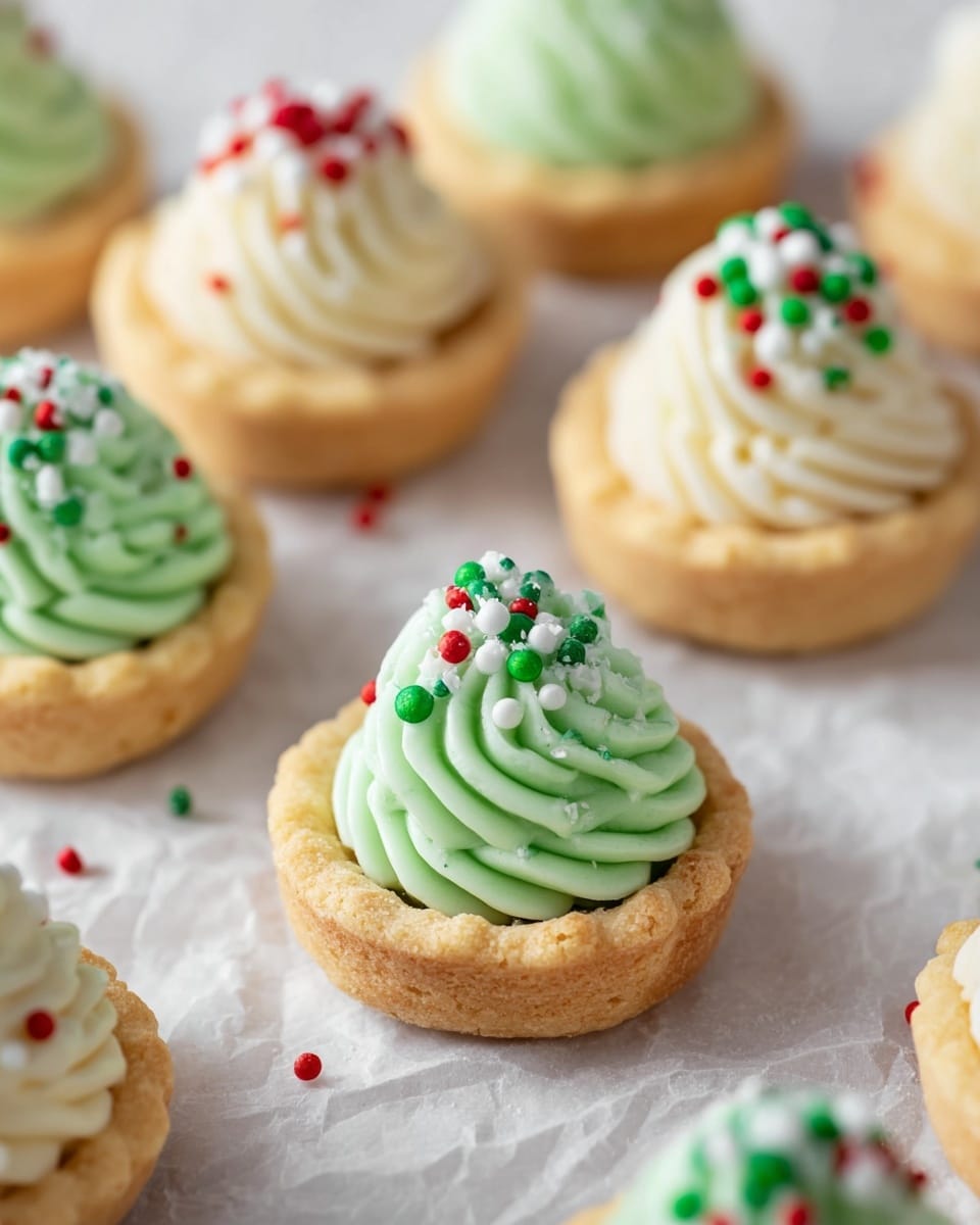Small tartlet cookies with a light golden crust form the base layer, each holding a smooth, piped frosting dome on top in either a soft green or white color. The frosting has ridged swirl textures, giving a fluted appearance, and is sprinkled with tiny round candy dots in red, green, and white, scattered both on the frosting and around the cookies on a crinkled white marbled surface. The arrangement is casual, with some tartlets in near focus and others softly blurred in the background, creating a cozy, festive look. photo taken with an iphone --ar 4:5 --v 7