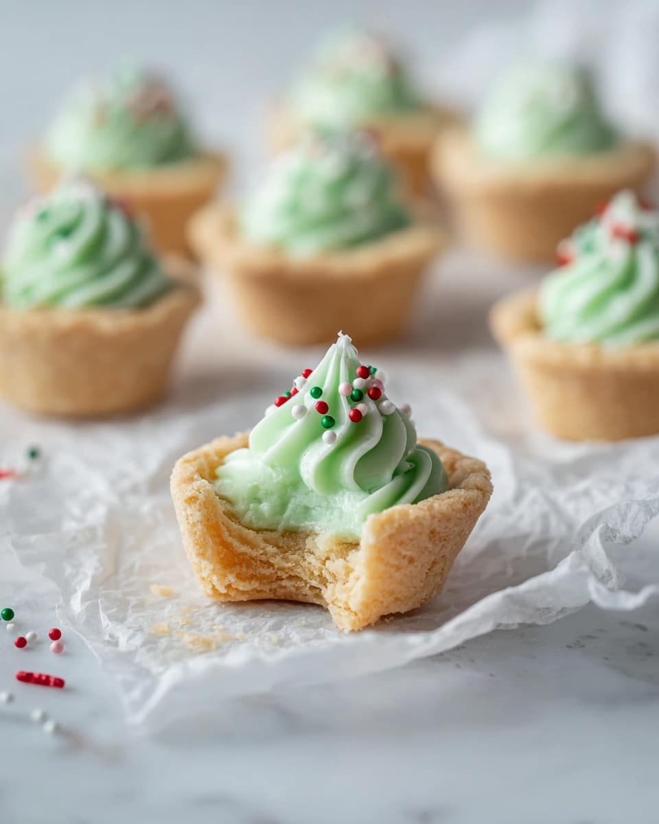 The image shows small tartlets with a light beige, crumbly crust forming the bottom and the sides in a cup shape. Each tartlet is topped with a swirl of smooth, pale green frosting, shaped like a soft peak. On top of the frosting, there are tiny round sprinkles in red, white, and green colors. One tartlet in the front has a bite taken out, revealing the soft and dense texture inside the crust. The tartlets rest on crumpled white parchment paper placed over a white marbled surface, with some small sprinkles scattered around. In the background, several tartlets are blurred, showing uniformity in shape and frosting design. photo taken with an iphone --ar 4:5 --v 7