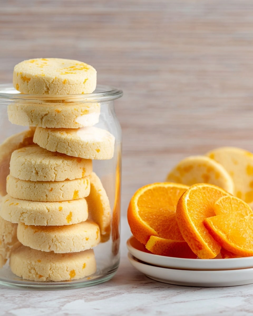 A clear glass jar is filled with many round, thick, pale yellow cookies stacked in several layers, showing a crumbly texture with small golden spots on top. Next to the jar, on a white marbled surface, there is a small stack of white plates holding bright orange slices arranged in a neat pile, displaying the juicy, vibrant interior of the fruit. The background is a soft wood grain texture that contrasts with the fresh colors of the food. photo taken with an iphone --ar 4:5 --v 7