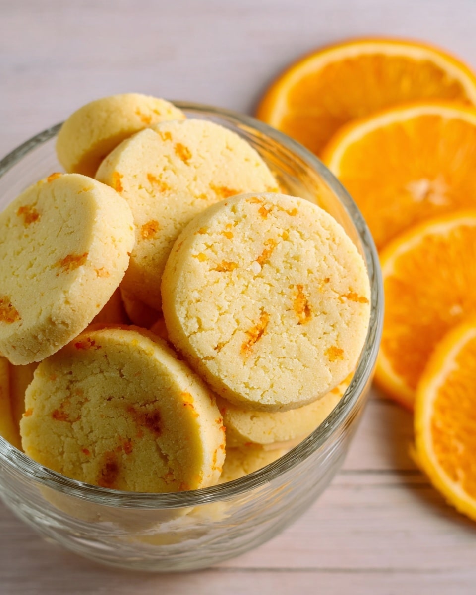A glass bowl is full of round, thick, light yellow cookies with a smooth texture and small orange specks scattered on the surface. The cookies are stacked unevenly, showing their soft edges and slightly crumbly feel. Behind the bowl, on the right side, there are bright orange slices with visible juicy segments placed on a white marbled surface. The photo is taken from above, focusing closely on the cookies and the orange slices in the background. Photo taken with an iphone --ar 4:5 --v 7