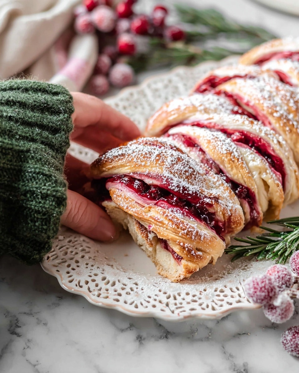 A round, flower-shaped pastry with 12 twisted sections radiates outward from a central star-shaped piece in the middle, each section showing layers of golden-brown dough and deep red filling with sugar dusted on top. The pastry rests on a white paper doily on a white, marbled surface. The center is decorated with bright red sugared cranberries and green rosemary sprigs. Around the pastry, red sugared cranberries are scattered. To the left, a white bowl holds more sugared cranberries, next to a metal sieve with powdered sugar. Pine cones and green fir branches are arranged on more pink cloth near the top right and bottom corners. Two clear mugs of milk sit at the bottom left of the frame. photo taken with an iphone --ar 4:5 --v 7