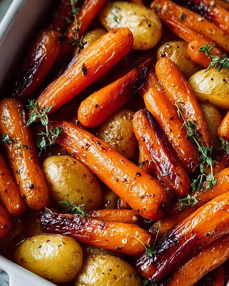 The image shows a close-up of cooked baby carrots and halved fingerling potatoes in a white baking pan. The carrots and potatoes have a shiny, glazed look with a rich golden and orange color, some parts showing a dark caramelized texture. Small specks of black pepper and herbs are visible on the vegetables, with fresh green thyme sprigs placed on top, adding a touch of color. The vegetables are layered closely together, filling the pan fully. The background is a white marbled texture. Photo taken with an iphone --ar 4:5 --v 7