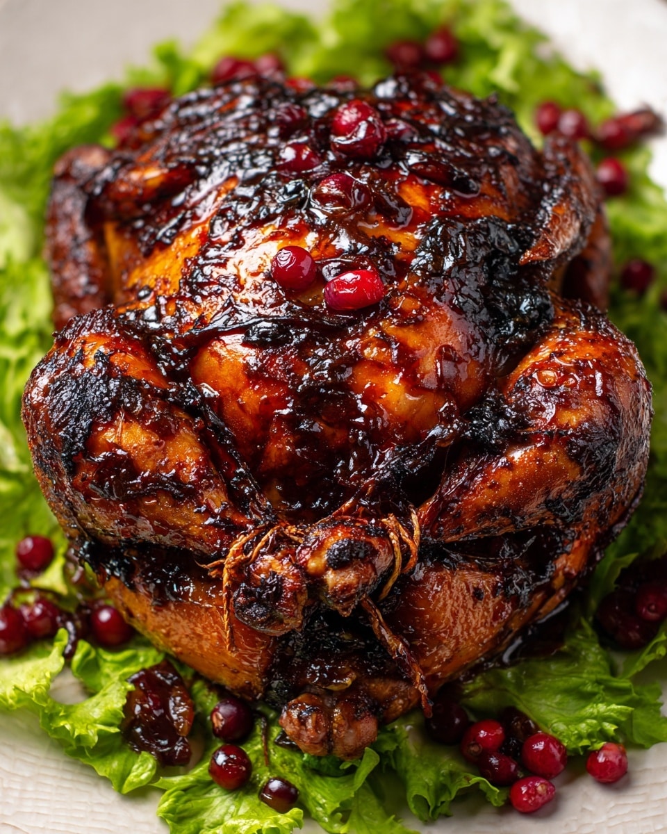 A whole roasted chicken with a dark, crispy skin glazed with a shiny, sticky sauce, sitting on a bed of bright green leafy lettuce on a white plate. The chicken is tied at the legs with string, and small red berries are scattered on top and around the chicken, adding color contrast. The skin has areas of deep browns and charred spots, showing a well-cooked texture. The white marbled surface underneath adds a clean, elegant look to the presentation. photo taken with an iphone --ar 4:5 --v 7