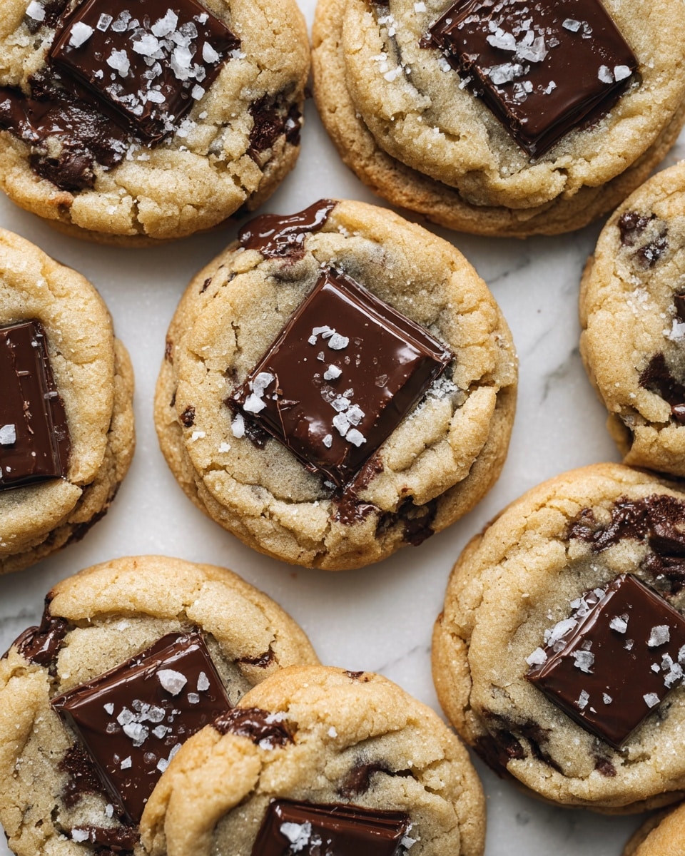 The image shows round chocolate chip cookies placed closely together on a white marbled surface. Each cookie has a light golden-brown base with a slightly soft texture and visible melted chocolate bits inside. On top of each cookie, there are one or two large, glossy, dark chocolate chunks, square in shape, that appear shiny and slightly melted. Scattered salt crystals are sprinkled over the chocolate chunks, adding contrast with their white, irregular shapes. The cookies have a slightly uneven, rustic edge with some small cracks, highlighting a homemade look. photo taken with an iphone --ar 4:5 --v 7