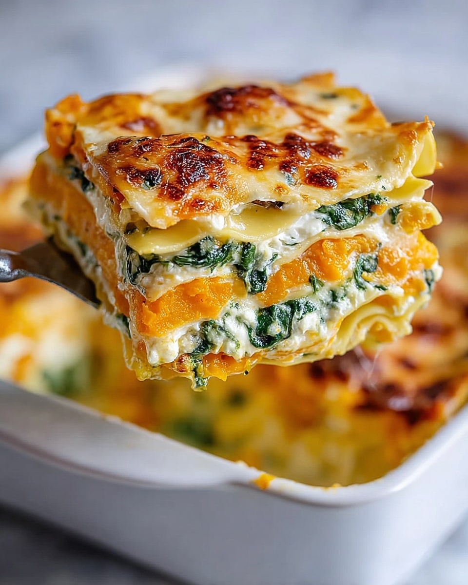 A close-up of a slice of lasagna being lifted from a white baking dish shows four visible layers: the top layer is golden brown with melted, bubbly cheese that is slightly crisped, below that is a thin layer of smooth, creamy white sauce, followed by a bright orange layer of cooked butternut squash, then a layer of vibrant green spinach mixed with white ricotta cheese, all separated by thin, wavy-edged pasta sheets. The texture of the layers looks soft and creamy with some crispy spots on the cheese on top. The background is a white marbled texture. photo taken with an iphone --ar 4:5 --v 7