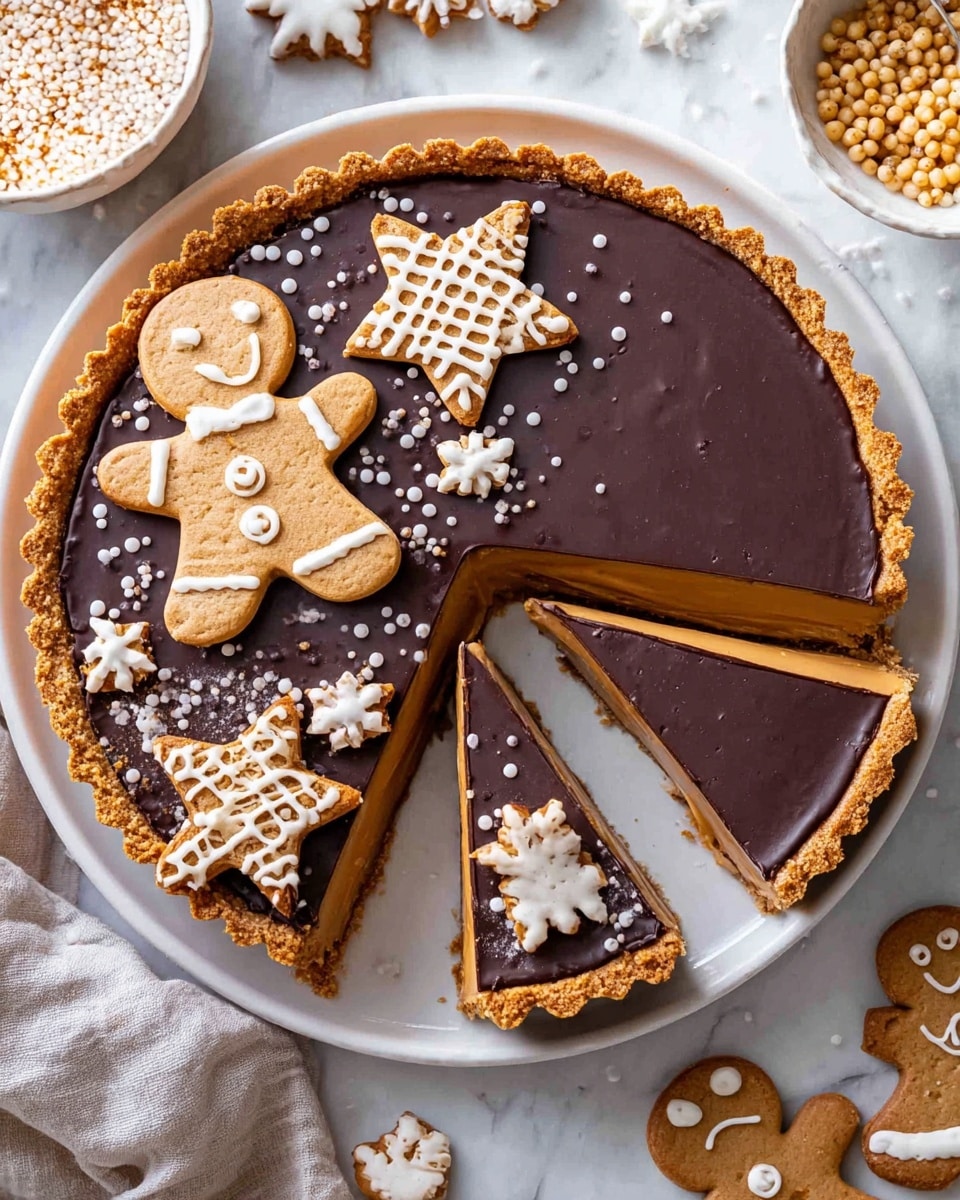 A round tart with a golden-brown crust sits on a white plate on a white marbled surface. The tart has three visible layers: a smooth, thick caramel layer on the bottom, a thin, rich dark chocolate layer on top, and gingerbread cookies with white icing decorations placed on half of the chocolate surface. The gingerbread shapes include one large gingerbread man with white icing outlining and buttons, another smaller gingerbread man decorated with a white icing grid pattern, and star-shaped gingerbread cookies with various white icing designs. Small white sprinkles are scattered around the tart’s top. Two slices are cut and placed slightly leaning outward, showing the thick caramel layer inside. Nearby on the marbled surface are more gingerbread cookies and a white bowl filled with small puffed grains. photo taken with an iphone --ar 4:5 --v 7