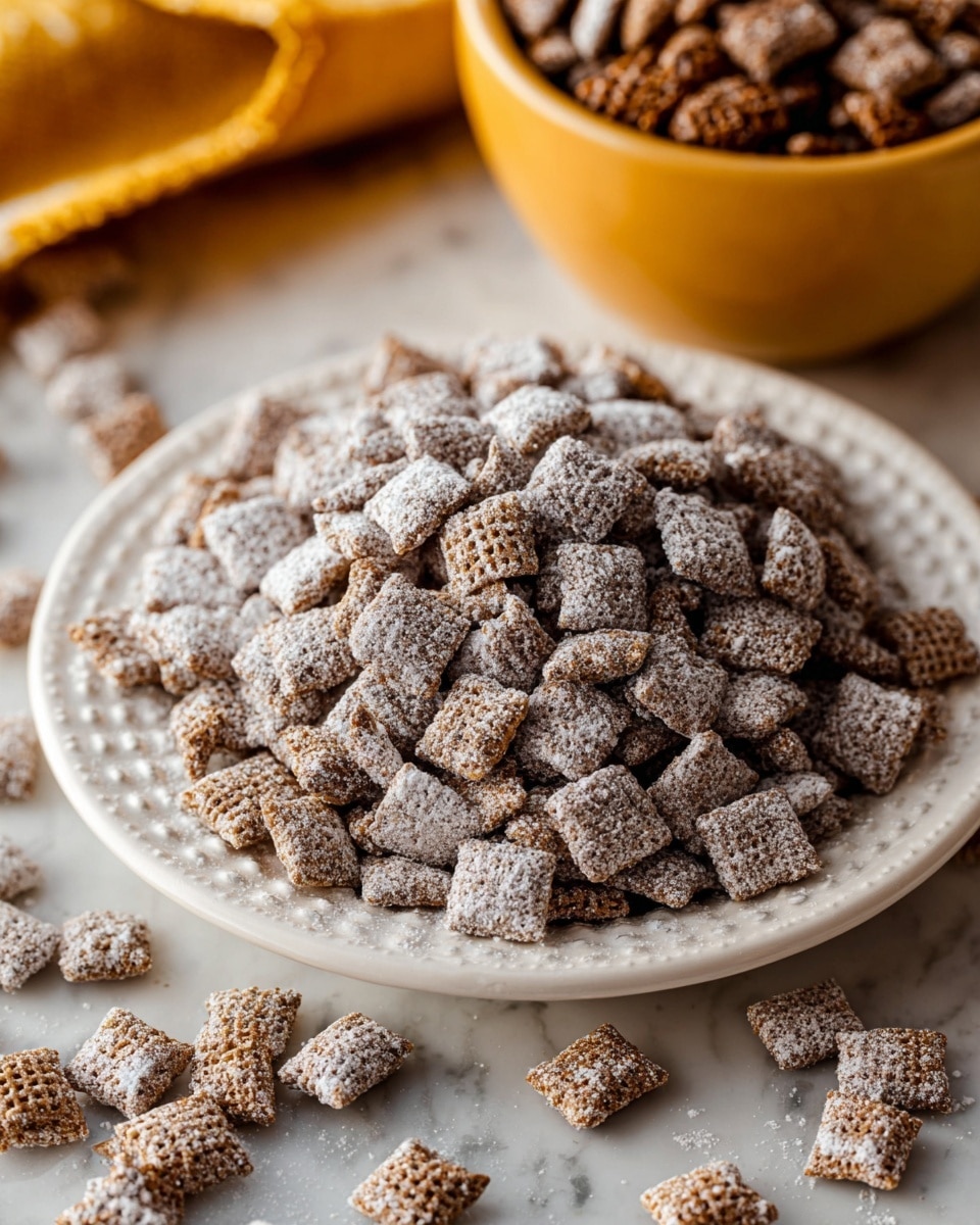 A close-up view of a brown cereal mix coated in white powder, sitting piled high in a round white plate with a raised dotted edge design, with more pieces scattered around the plate on a white marbled surface. The cereal pieces are small, square-shaped, textured, with a mix of darker and lighter brown shades under the white powder dusting. In the background at the top, a bowl filled with brown cereal pieces is partially visible. photo taken with an iphone --ar 4:5 --v 7