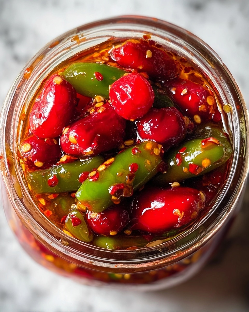 A clear glass jar filled with whole small red chili peppers and chopped green chili peppers submerged in a bright red oily liquid, tightly sealed with a shiny gold metal lid, sitting on a white marbled surface with warm sunlight casting soft shadows around. photo taken with an iphone --ar 4:5 --v 7