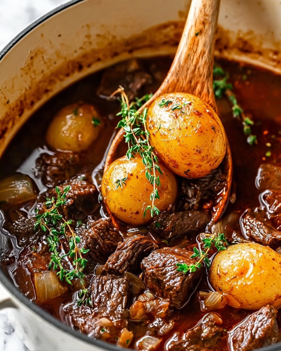 A close-up view of a stew with several layers visible in a white pot; the top layer shows a wooden spoon holding a shiny, light brown round potato with sprigs of fresh green thyme on and around it. Around the potatoes are dark brown chunks of beef, cooked to a tender texture with some pieces showing a slightly rough surface. Small pieces of translucent cooked onions are scattered among the rich, deep brown broth that fills the pot, giving a glossy and thick look. The stew has a shiny, slightly oily surface with herbs floating in it, all placed on a white marbled texture background. photo taken with an iphone --ar 4:5 --v 7