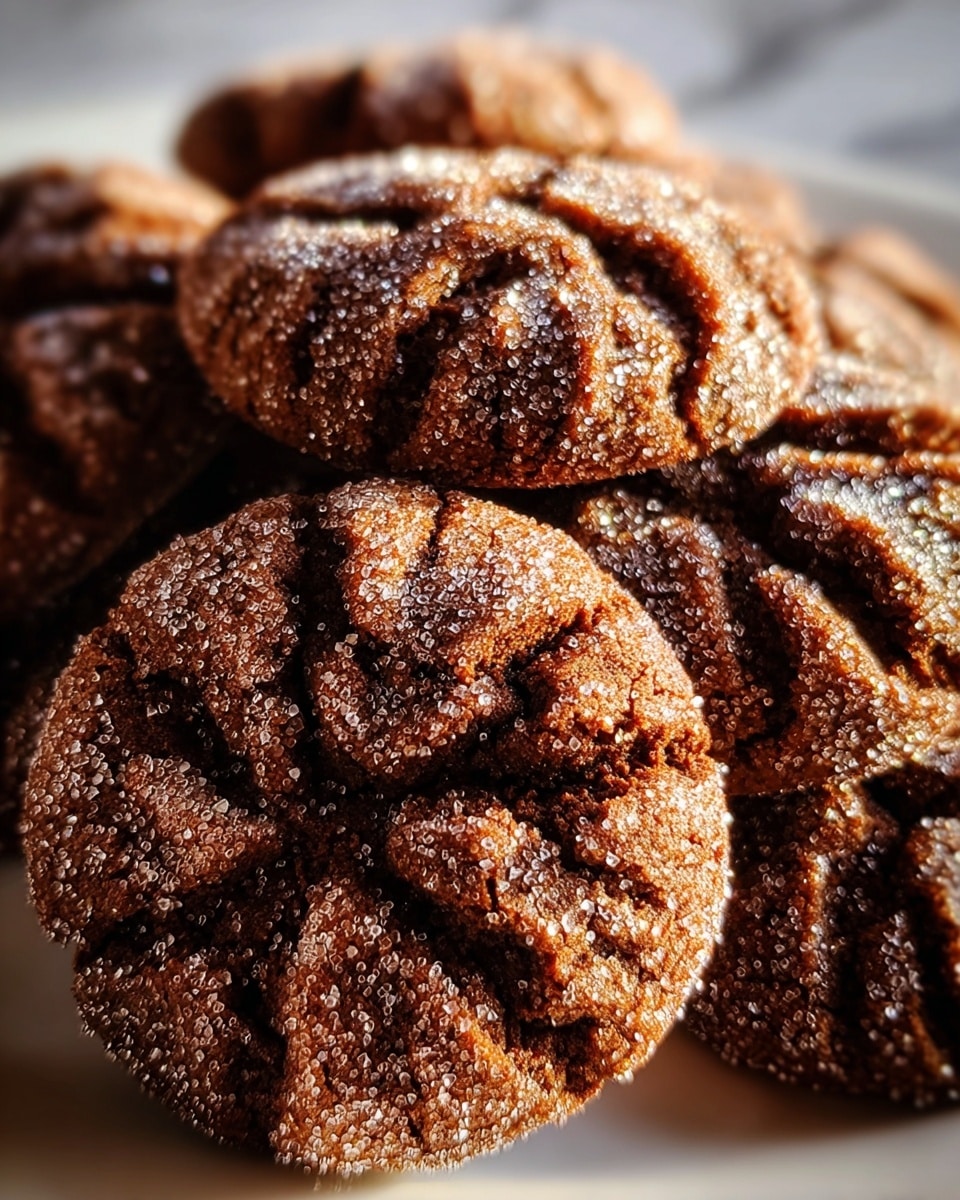 A close-up of dark brown cookies covered in large sugar crystals, showing their wrinkled and split tops with deep creases and a slightly rough texture. The cookies are stacked on a white plate, set against a white marbled background, with soft light highlighting the sparkling sugar on the surface. The image focuses tightly on the top cookie while the rest blur softly behind it, creating a warm and inviting feel. photo taken with an iphone --ar 4:5 --v 7