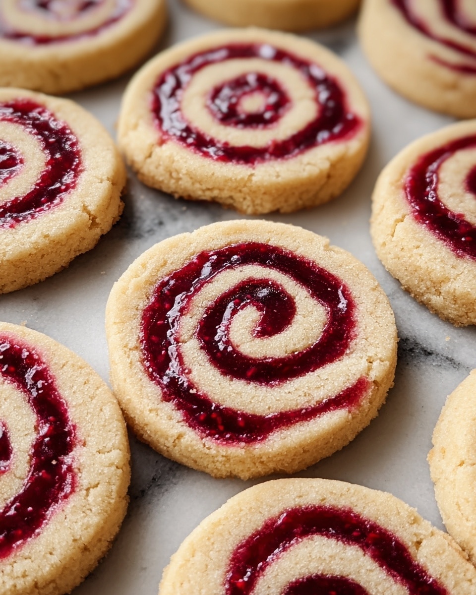The image shows several round cookies arranged closely together on a white marbled surface. Each cookie has two visible layers: a base layer of light golden brown dough with a slightly crumbly texture, and a top layer of deep red jam swirled in a spiral pattern starting from the center and spreading outward. The jam layer is glossy and smooth, contrasting with the matte, slightly rough dough. The cookies are thick and have slightly cracked edges, with the jam spirals evenly spaced on each one. The overall look is neat and inviting, showing a fresh batch just out of the oven. photo taken with an iphone --ar 4:5 --v 7