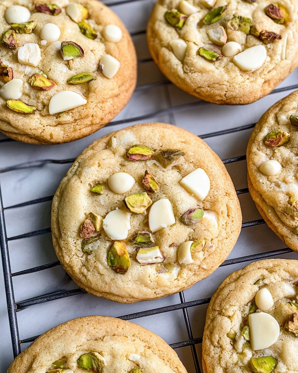 A close-up view shows a stack of round, golden-brown cookies on a white cooling rack placed on white marbled surface. Each cookie has a light crust with visible cracks and is topped with unevenly cut white chocolate chunks scattered with green pistachio pieces and small almond bits, giving the surface a chunky texture. The cookies appear soft and slightly chewy, with a warm, inviting color contrast between the creamy white chocolate, green pistachios, and light golden cookie base. photo taken with an iphone --ar 4:5 --v 7