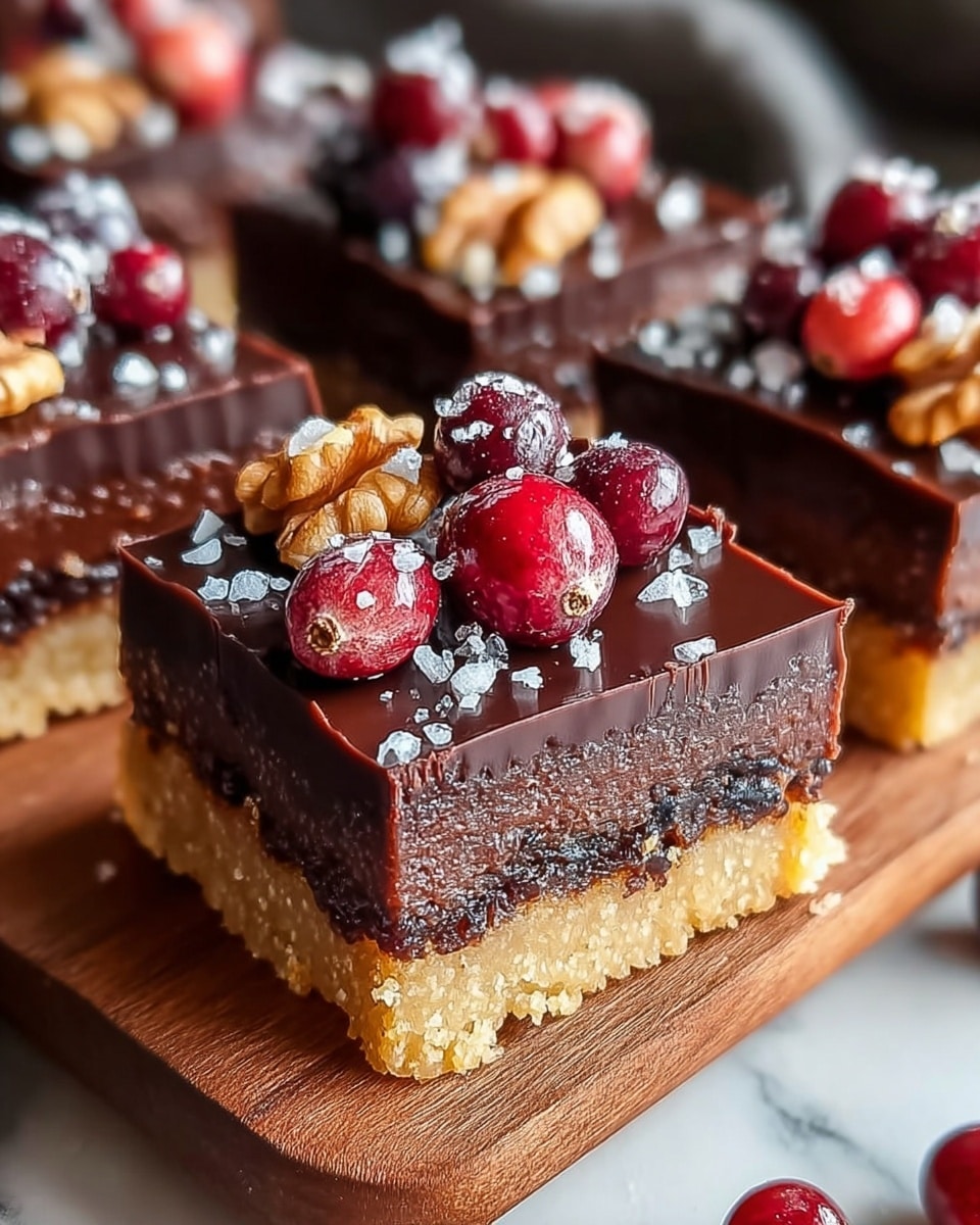 This image shows a close-up of square chocolate dessert bars arranged on a wooden board placed on a white marbled surface. Each bar has three layers: a bottom layer of light golden crumbly crust, a thick middle layer of dense, dark chocolate filling with a slightly textured surface, and a glossy smooth chocolate ganache top layer. The top is decorated with red cranberries, light brown walnut pieces, and small white sugar crystals scattered over. The bars have clean edges and a rich, shiny look. photo taken with an iphone --ar 4:5 --v 7