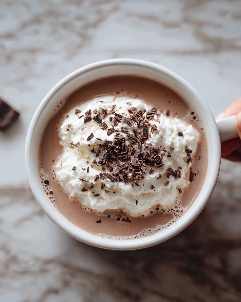 A white cup filled with light brown hot chocolate topped with a generous dollop of fluffy white whipped cream in the center, sprinkled with dark brown chocolate shavings scattered evenly on top and around the whipped cream, all resting on a surface with a white marbled texture with a woman's hand holding the cup's handle. photo taken with an iphone --ar 4:5 --v 7