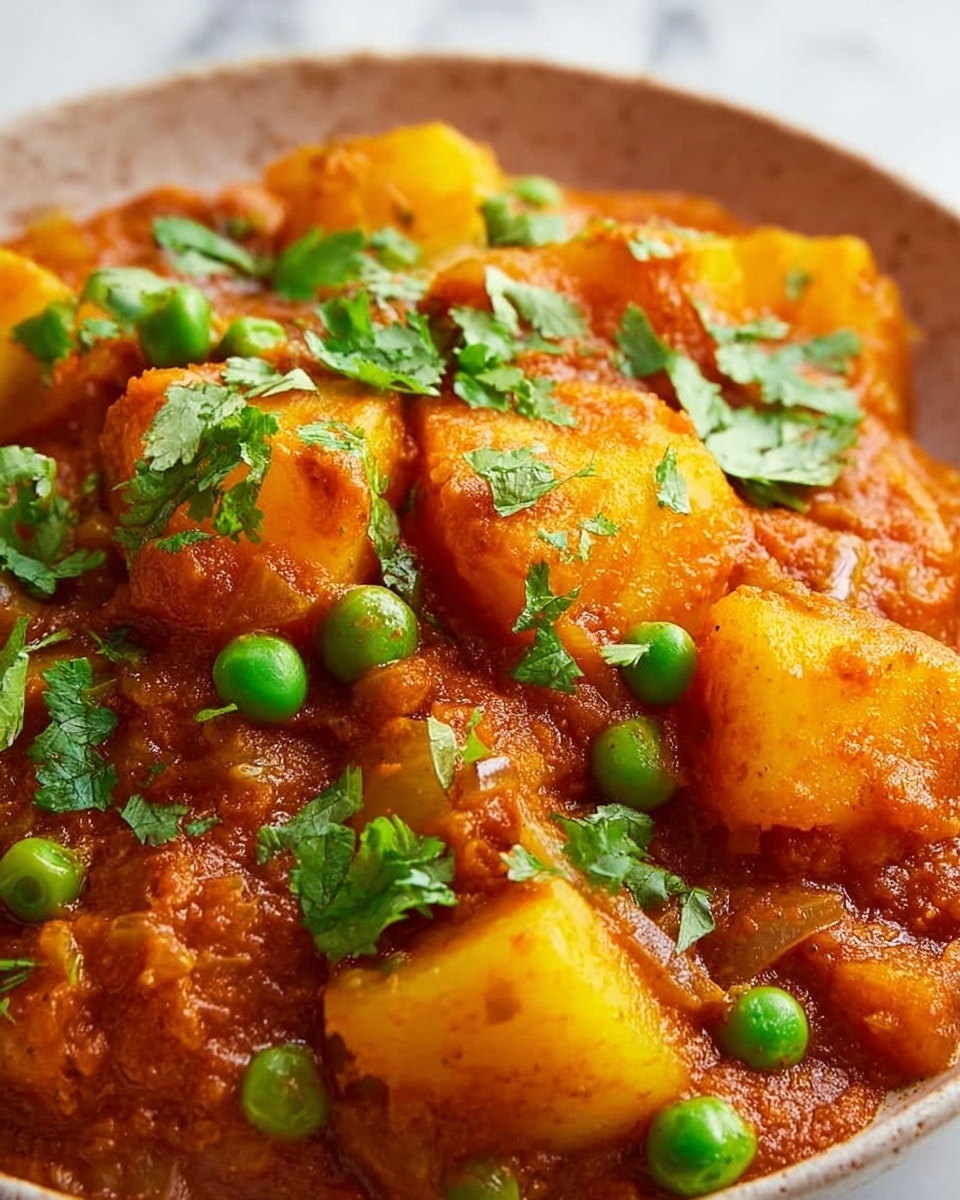 A close-up of a rich, thick curry with large, soft yellow potato chunks covered in a reddish-orange sauce, mixed with bright green peas and fresh cilantro leaves scattered on top. The texture of the sauce looks smooth with small bits of cooked onions and spices visible throughout. The vibrant colors of yellow, green, and red-orange create a warm and hearty visual. The dish is placed on a white marbled texture. photo taken with an iphone --ar 4:5 --v 7
