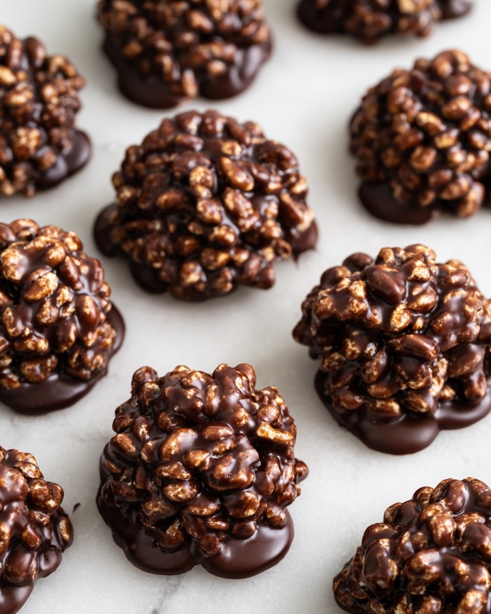 The image shows many round clusters of dark chocolate mixed with puffed rice, creating a rough texture with small, light brown puffed rice bits visible through the glossy, smooth dark chocolate coating. Each cluster is placed directly on a white marbled surface, and the chocolate pools slightly at the base of each treat, giving a shiny, rich look. The clusters appear thick and uneven in shape, with a mix of dark and light brown colors from the chocolate and puffed rice throughout. Photo taken with an iphone --ar 4:5 --v 7