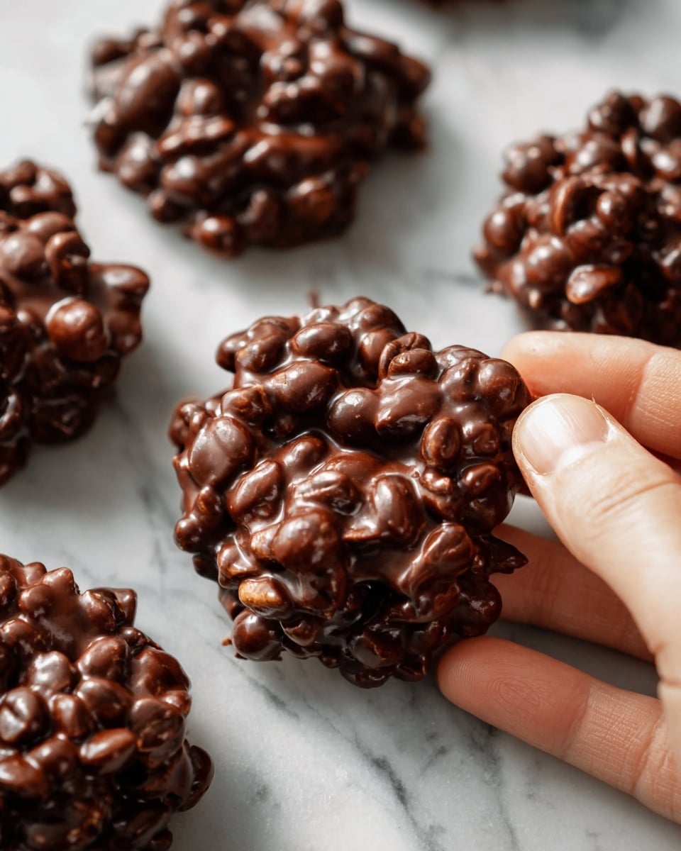 A close-up image of several chocolate clusters placed on a white marbled surface, showing a woman's hand holding one cluster in the foreground. Each cluster is made of dark brown chocolate with a glossy, slightly rough texture, mixed with whole coffee beans that create a bumpy, uneven surface. The clusters are irregular in shape, with the chocolate coating binding the coffee beans tightly together. The lighting highlights the shiny finish of the chocolate and the roundness of the beans. Photo taken with an iphone --ar 4:5 --v 7