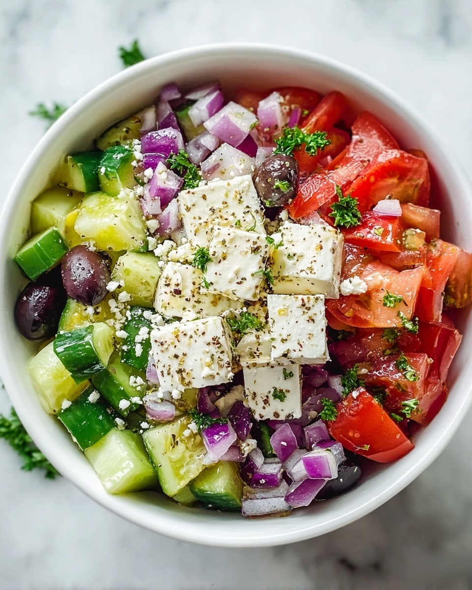 A white bowl filled with a fresh Greek salad showing multiple layers of colorful ingredients: at the bottom, chopped green cucumbers with a crisp texture; on top, a mix of bright red tomato wedges and diced purple onions spread evenly; scattered black olives add a glossy, smooth contrast; large white cubes of feta cheese sprinkled with cracked black pepper and crumbled cheese bits cover the surface; small green parsley pieces add a fresh touch, all sitting on a white marbled background. photo taken with an iphone --ar 4:5 --v 7