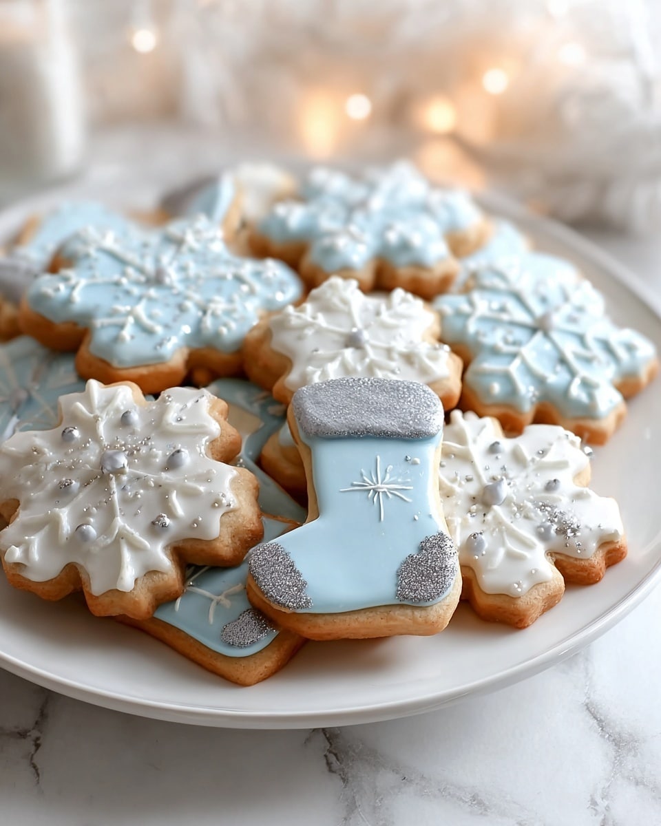 A white plate holds about ten Christmas-themed cookies with two main shapes: snowflakes and Christmas stockings. The cookies have two layers: a golden-brown baked base and a smooth icing top layer. The snowflake cookies have white or light blue icing decorated with white piped lines and silver glitter or small white dots to resemble snow and frost. The stocking cookies are covered in light blue icing with silver glitter accents on the cuff and body. The texture of the cookies is slightly rough from baking, contrasting with the shiny smooth icing. The plate sits on a white marbled surface with soft, warm lighting creating a cozy holiday feel. Photo taken with an iphone --ar 4:5 --v 7